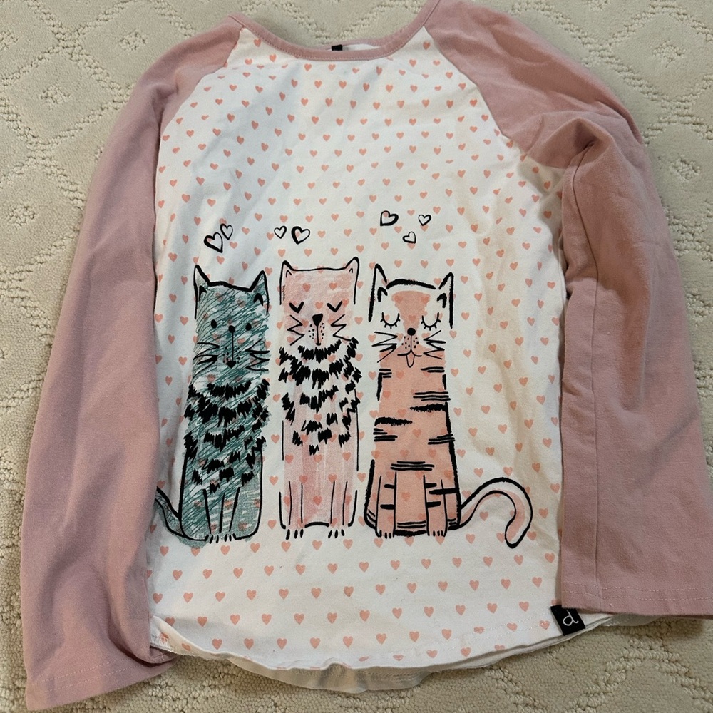 Deux Par Deux Kids' Pink and White Cat Print Shirt